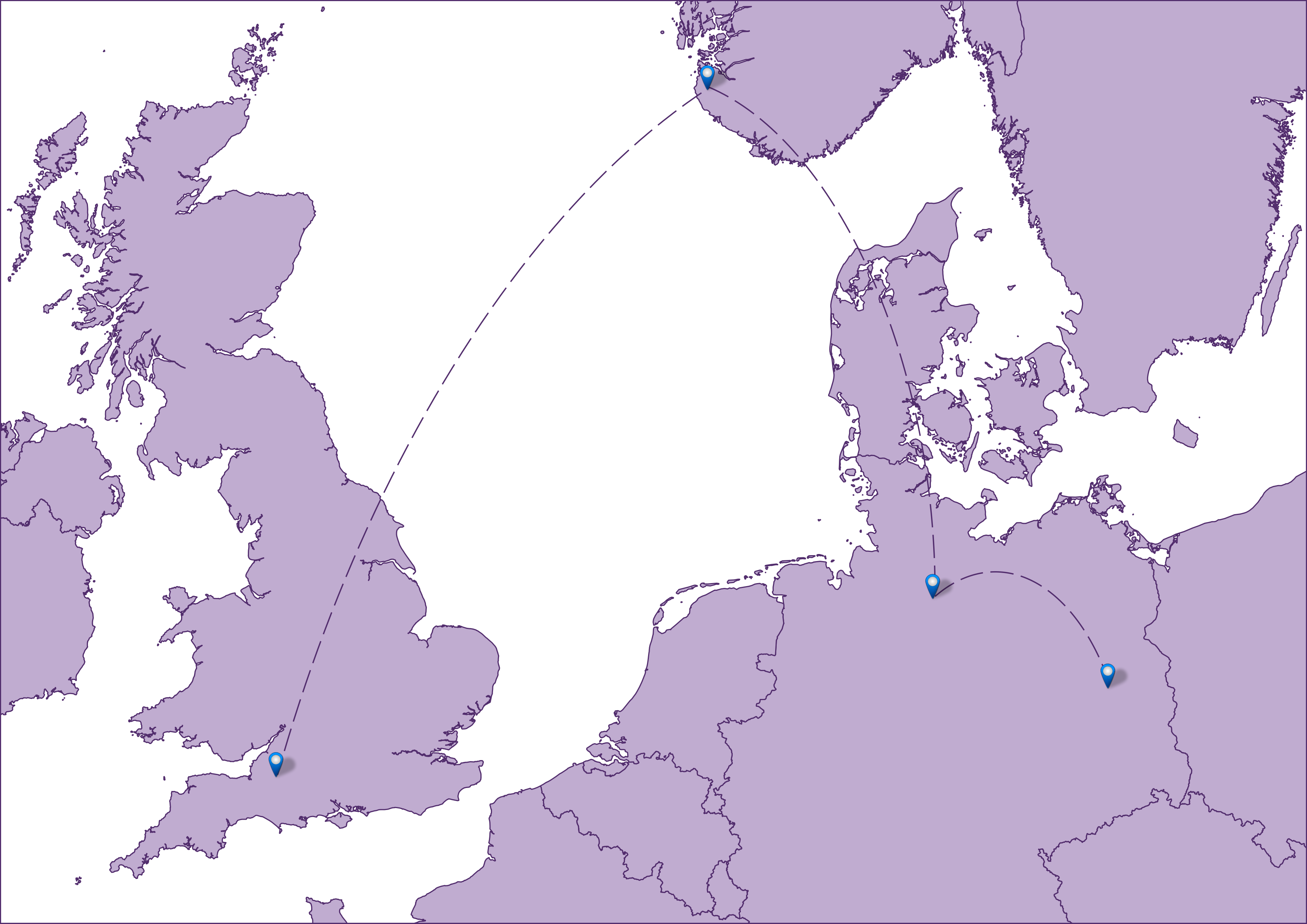 a purple and white map showing where we are all from, Berlin and Hamburg, in Germany, Bristol, in the UK, and Stavanger, Norway.